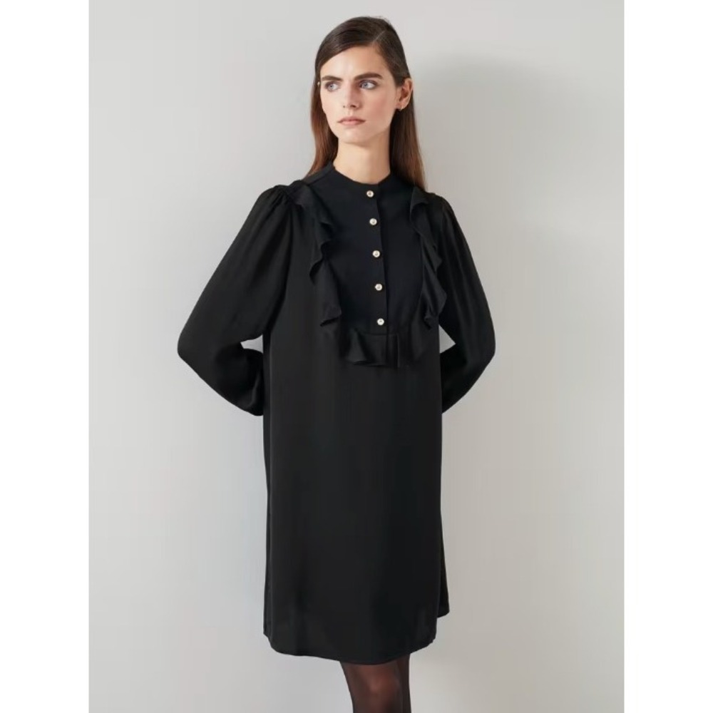 LK Bennett Black Long-Sleeve Ruffle-Front Shift Dress with Pearl Buttons